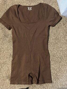 Brown Ribbed Short Sleeve Romper
